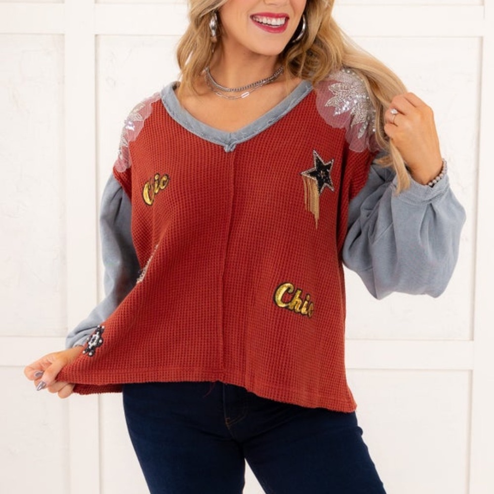 Red And Gray V-Neck Patchwork Sweater - image 4